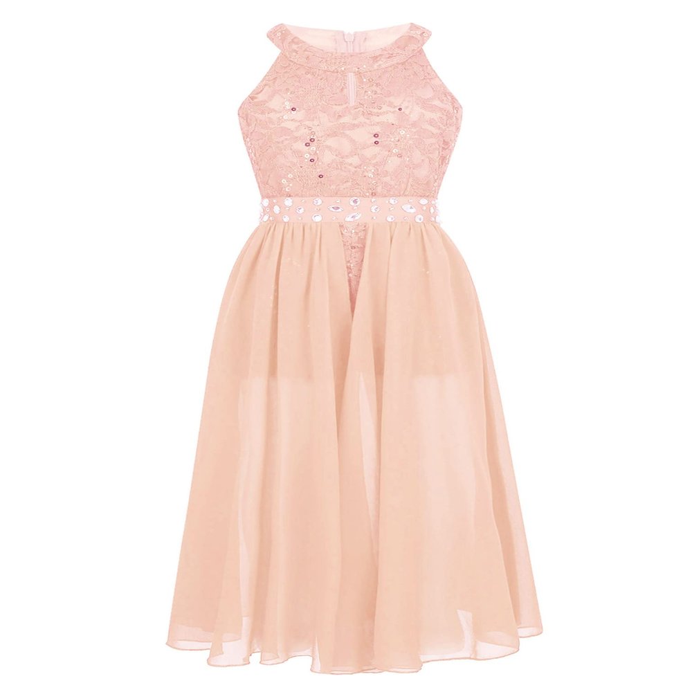 Agoky Kids Flower Girls Floral Lace Romper Dress Halter Neck Rhinestone Belt Bridesmaid Wedding Party Ball Gown Costume Coral 14 Years