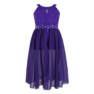 Agoky Kids Flower Girls Floral Lace Romper Dress Halter Neck Rhinestone Belt Bridesmaid Wedding Party Ball Gown Costume Purple 8 Years