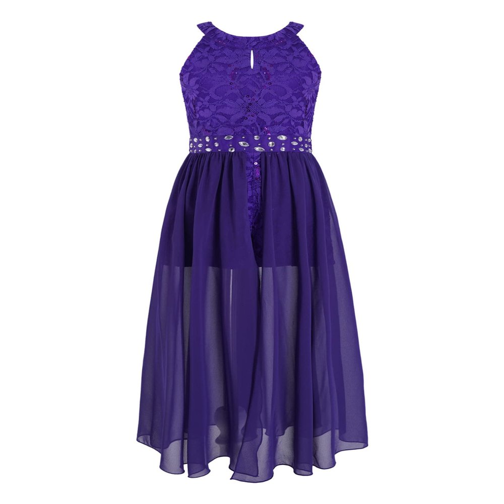 Agoky Kids Flower Girls Floral Lace Romper Dress Halter Neck Rhinestone Belt Bridesmaid Wedding Party Ball Gown Costume Purple 8 Years
