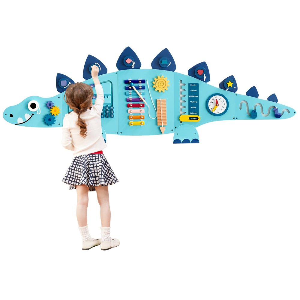 Beright Dinosaur Activity Wall Busy Board Panels, Montessori Sensory Toys, Toddler Learning Activity Center, Perfect for Toddler Playroom & Children's Daycare, Blue