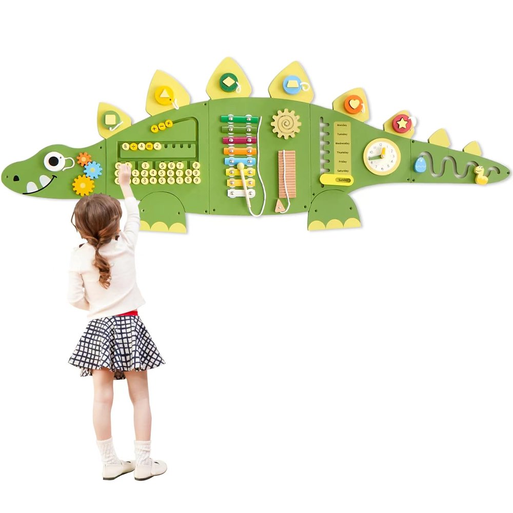 Beright Dinosaur Activity Wall Busy Board Panels, Montessori Sensory Toys, Toddler Learning Activity Center, Perfect for Toddler Playroom & Children's Daycare, Green