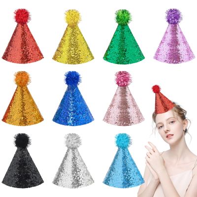 Pai Sence Large Party Hats for Kids Adults Glitter Party Hats with Pom Poms Reusable Birthday Decorations L 10 Pcs