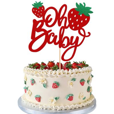 1 PCS Strawberry Oh Baby Cake Topper Glitter Baby Shower Strawberry Cake Pick Fruit Theme Oh Baby Cake Decoration for Baby Shower Kids Boys Girls Birthday Party Decorations Supplies Red