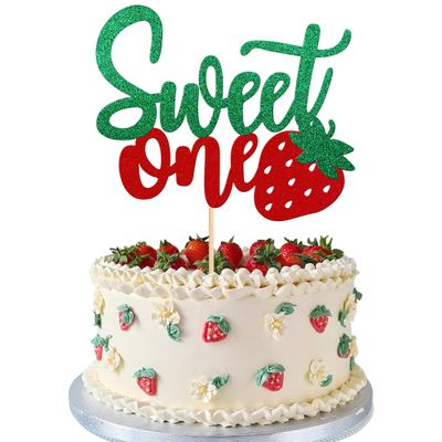 1 PCS Strawberry Sweet One Cake Topper Fruit Theme 1st Birthday Cake Pick Baby Shower Strawberry Cake Decoration for Baby Shower Kids First Birthday Anniversary Party Decorations Supplies Green Red