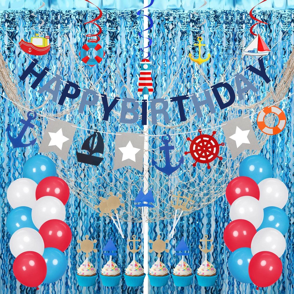 Junkin 59 Pcs Nautical Cruise Birthday Party Decorations Include Fish Net, Sailing Swirls, Nautical Banner, Cake Topper, Foil Fringe Curtains and Latex Balloons for Boys Girls Summer Events Party