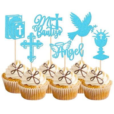 24 PCS Blue Mi Bautizo Cupcake Toppers Glitter Angel God Bless Cupcake Picks Bible Dove Holy Grail Cross Cake Decorations for Religious Church Baptism First Communion Birthday Party Supplies