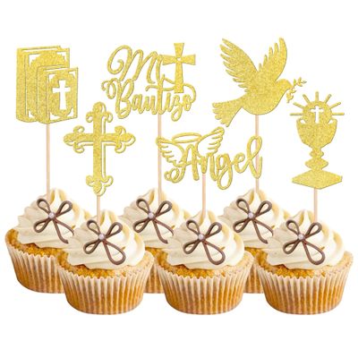 24 PCS Mi Bautizo Cupcake Toppers Glitter Angel God Bless Cupcake Picks Bible Dove Holy Grail Cross Cake Decorations for Church Baptism First Communion Baby Shower Birthday Party Supplies Gold