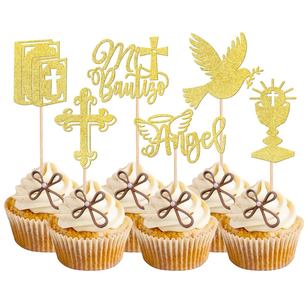 24 PCS Mi Bautizo Cupcake Toppers Glitter Angel God Bless Cupcake Picks Bible Dove Holy Grail Cross Cake Decorations for Church Baptism First Communion Baby Shower Birthday Party Supplies Gold