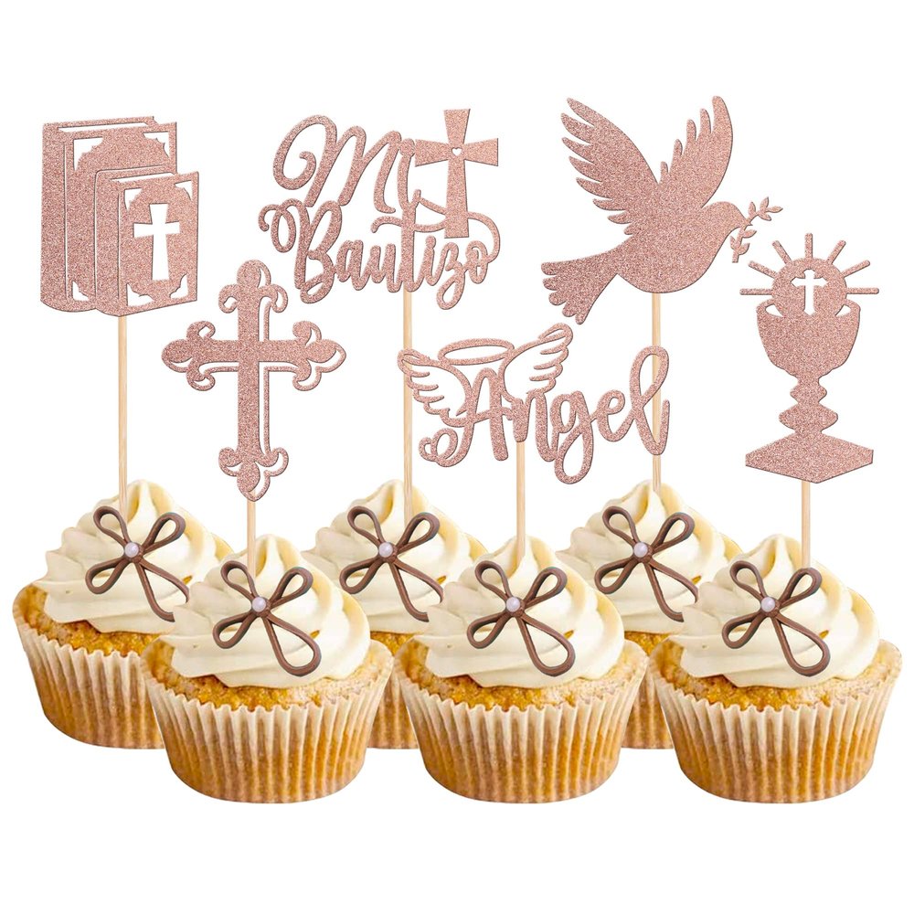 24 PCS Mi Bautizo Cupcake Toppers Glitter Angel Bible Dove Holy Grail Cross Cupcake Picks God Bless Cake Decorations for Church Baptism Baby Shower Birthday Theme Party Supplies Rose Gold