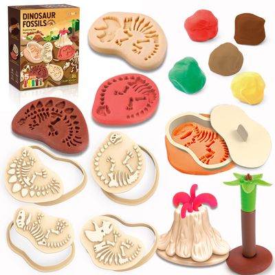 Color Dough Sets for Kids Ages 4-8, Dinosaur Toys Dough Tool Sets for Boy Girls, Volcano Fossils Tools Color Dough Accessories Toys for Kid Age 5-7 Years 13 Piece