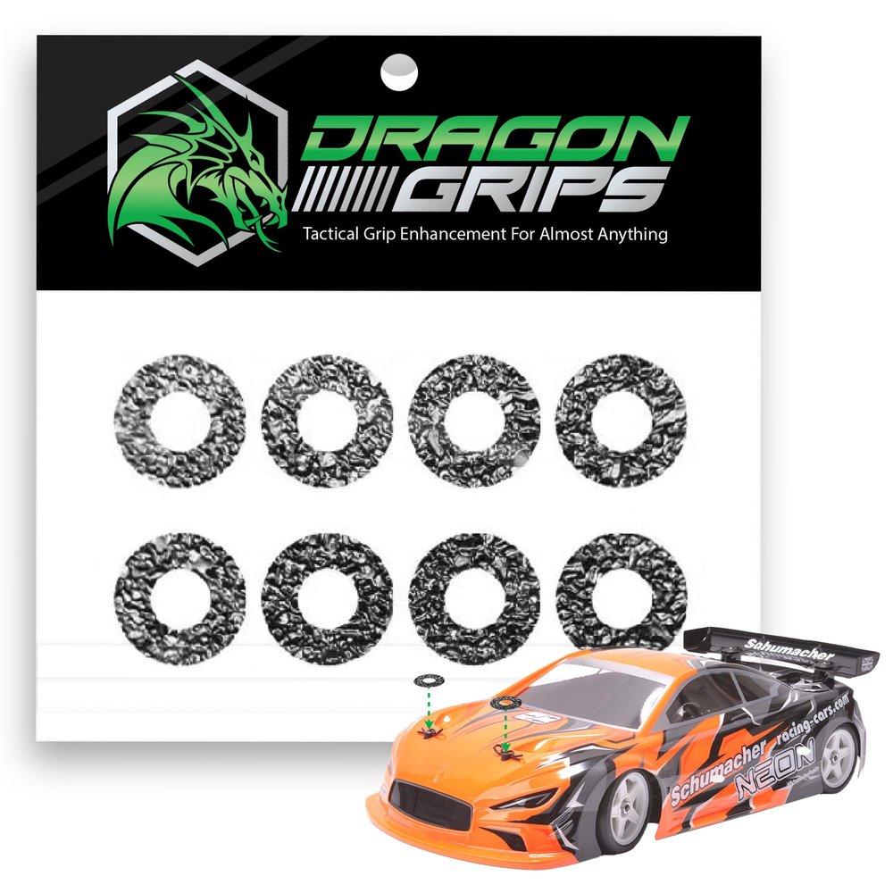 Dragon Grips RC Body Clip Hole Protectors, 8pcs, Black PVC Stickers for 1/10 RC Crawler Body Shells, Stick-on Accessories That Prevent Clip Hole Damage and Cracking, Protect Custom-Painted Bodies