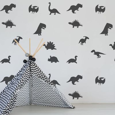 40x Dinosaur Silhouette Wall Decal - Dino Nursery Baby Room Art Vinyl Decor Decals - Kids T Rex Boys Stickers - Black Gold Boy Sticker (20")