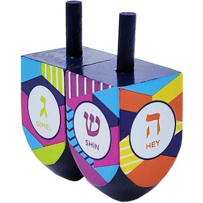 The Dreidel Company Extra Large Hand Painted Wood Hanukkah Dreidels, 10-Pack Retro Dreidel Design