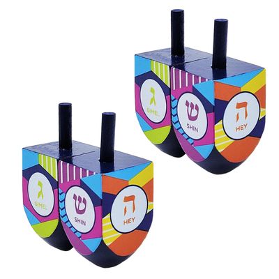 The Dreidel Company Extra Large Hand Painted Wood Hanukkah Dreidels, 4-Pack Retro Dreidel Design