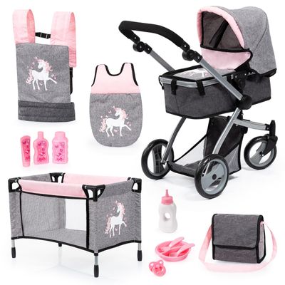 Bayer Design 18333AC Doll's Pram, Transformable, Height Adjustable, Accessories, Bag, Travel Cot, Waist Bag, Sleeping Bag, Denim Grey, Pink, Unicorn