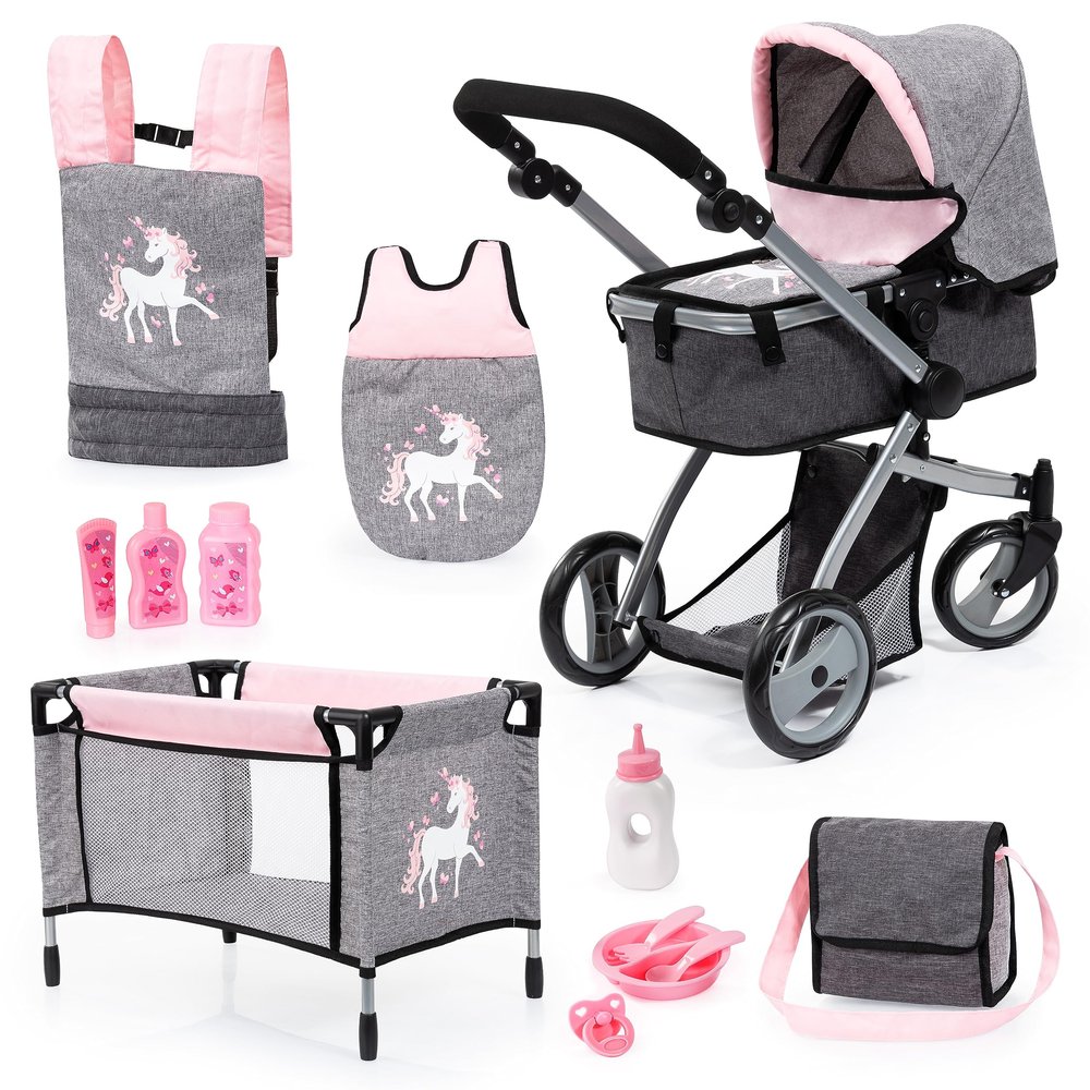 Bayer Design 18333AC Doll's Pram, Transformable, Height Adjustable, Accessories, Bag, Travel Cot, Waist Bag, Sleeping Bag, Denim Grey, Pink, Unicorn