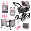 Bayer Design 18333AC Doll's Pram, Transformable, Height Adjustable, Accessories, Bag, Travel Cot, Waist Bag, Sleeping Bag, Denim Grey, Pink, Unicorn view 1