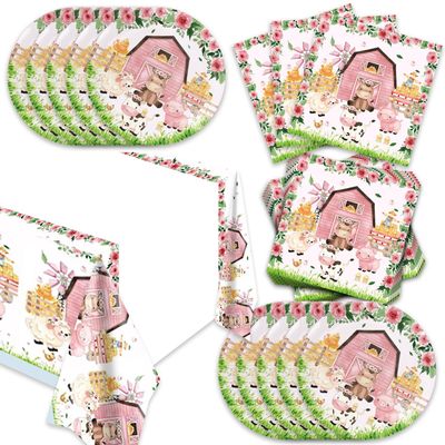 41pcs Pink Farm Party Supplies ,include 20 Plates, 20 Napkin and 1pcs Tablecloth,Used for Farm Birthday Party Decoration (Pink Farm JJJ)
