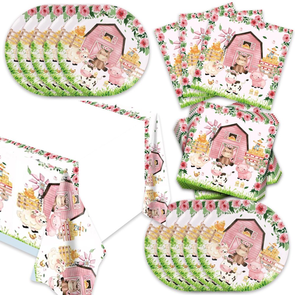 41pcs Pink Farm Party Supplies ,include 20 Plates, 20 Napkin and 1pcs Tablecloth,Used for Farm Birthday Party Decoration (Pink Farm JJJ)
