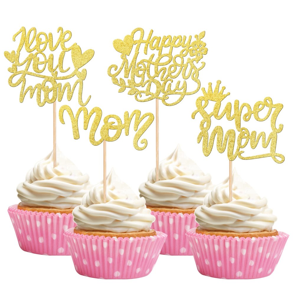24 PCS Happy Mother's Day Cupcake Toppers Glitter Best Mom Love You Mom Cupcake Picks for Happy Mother's Day Theme Women Birthday Party Cake Decorations Supplies Gold