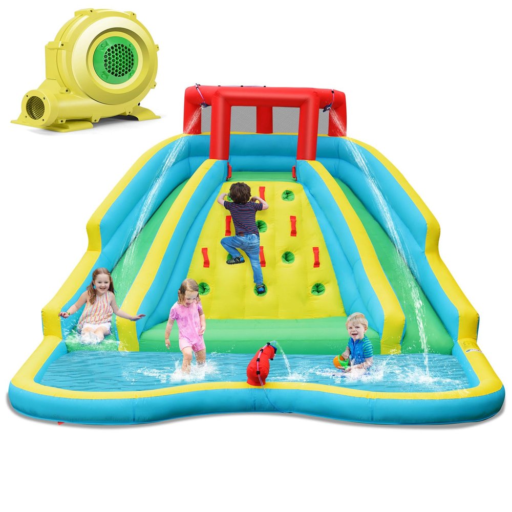 KOTEK Inflatable Water Slide, Giant Water Park Waterslide Inflatables w/Large Splashing Pool, 2 Slides, Climbing Wall & Water Hose, Outdoor Blow up Water Slides for Kids Backyard Fun(with 735W Blower)