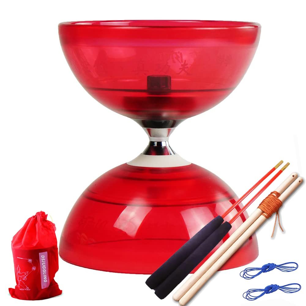 Lightning High Speed Pro Diabolo for Professional Juggling - Shining Chinese Yoyo Set Includes 2 Handsticks in Wooden & Fiberglass Diablo Sticks, 2 Strings, and Carry Bag (RED, 3-Axle)