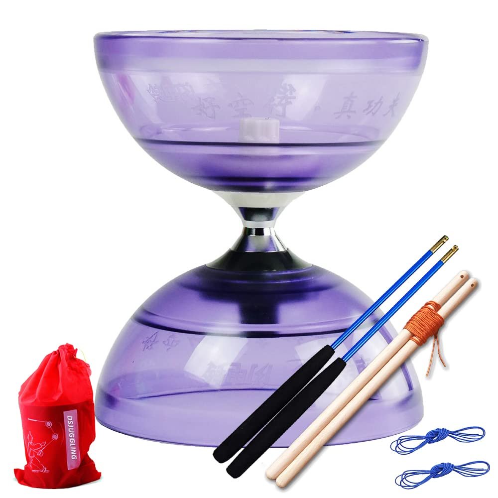 Lightning High Speed Pro Diabolo for Professional Juggling - Shining Chinese Yoyo Set Includes 2 Handsticks in Wooden & Fiberglass Diablo Sticks, 2 Strings, and Carry Bag (Purple, 5-Axle)