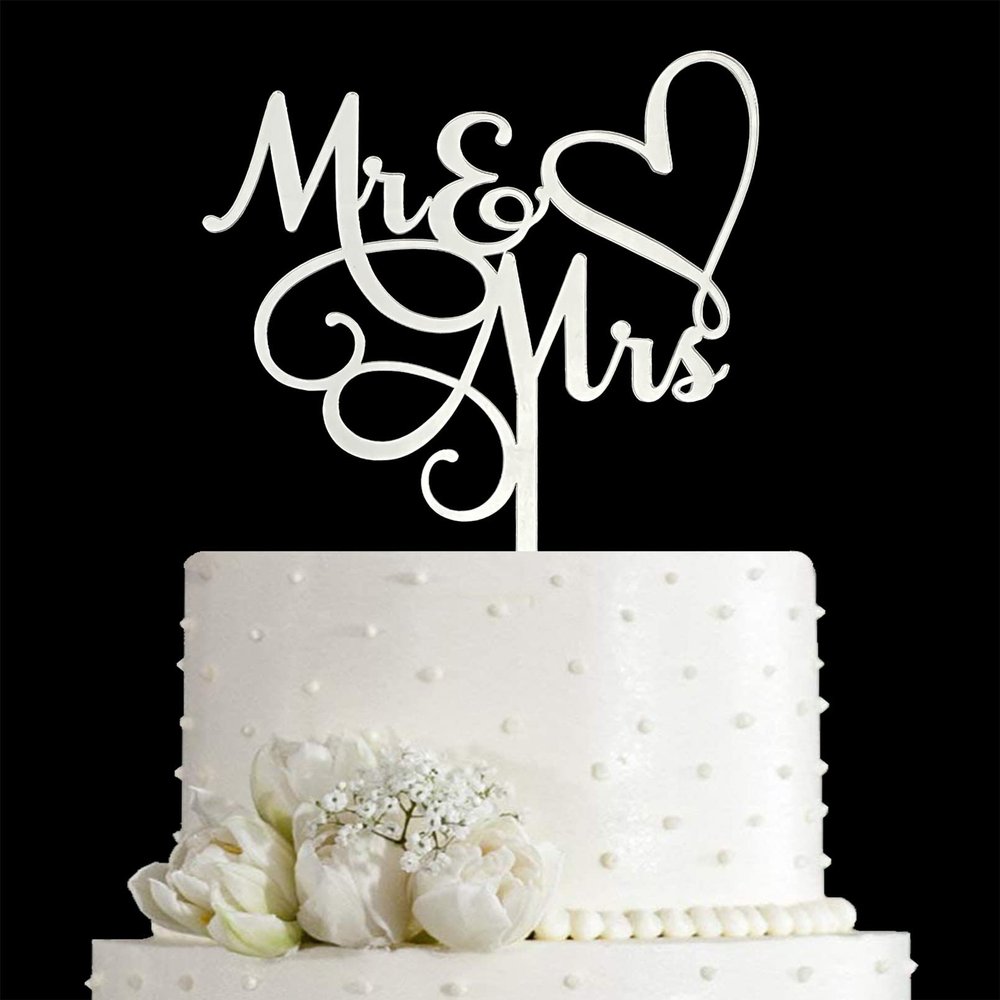 JIEEIN Mr & Mrs Cake Topper - Bride and Groom Sign Wedding, Engagement Cake Topper Decoration - Mirror Silver Acrylic