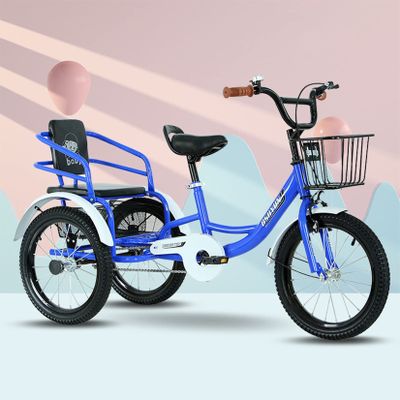 CARWERL Kids' Tricycles with Back Seat and Basket for 5-11 Years Old Boys & Girls 16 Inch Three Wheel Cruiser Bike Double People 3 Wheel Bicycle, Ideal Gift for Kids,Blue,16 inch