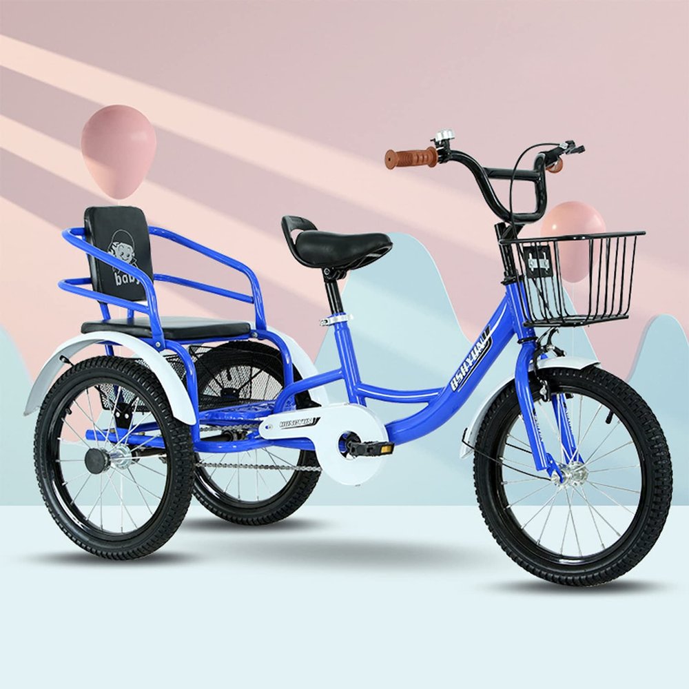 CARWERL Kids' Tricycles with Back Seat and Basket for 5-11 Years Old Boys & Girls 16 Inch Three Wheel Cruiser Bike Double People 3 Wheel Bicycle, Ideal Gift for Kids,Blue,16 inch