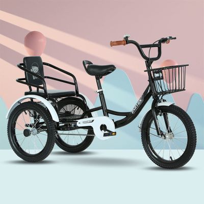 CARWERL Kids' Tricycles with Back Seat and Basket for 5-11 Years Old Boys & Girls 16 Inch Three Wheel Cruiser Bike Double People 3 Wheel Bicycle, Ideal Gift for Kids,Black,16 inch