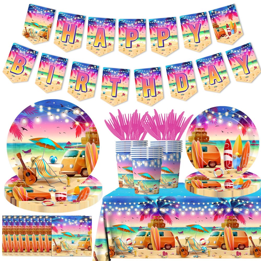 142pcs Sunset Beach Summer Tableware Set Beach Theme Party Decorations Palm Leaves Tropical Beach Banner,Tablecloth,Cups,Plates Napkins,Forks and Knives for Hawaiian Party,Swimming Pool Party,Birthday