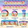 142pcs Sunset Beach Summer Tableware Set Beach Theme Party Decorations Palm Leaves Tropical Beach Banner,Tablecloth,Cups,Plates Napkins,Forks and Knives for Hawaiian Party,Swimming Pool Party,Birthday view 3
