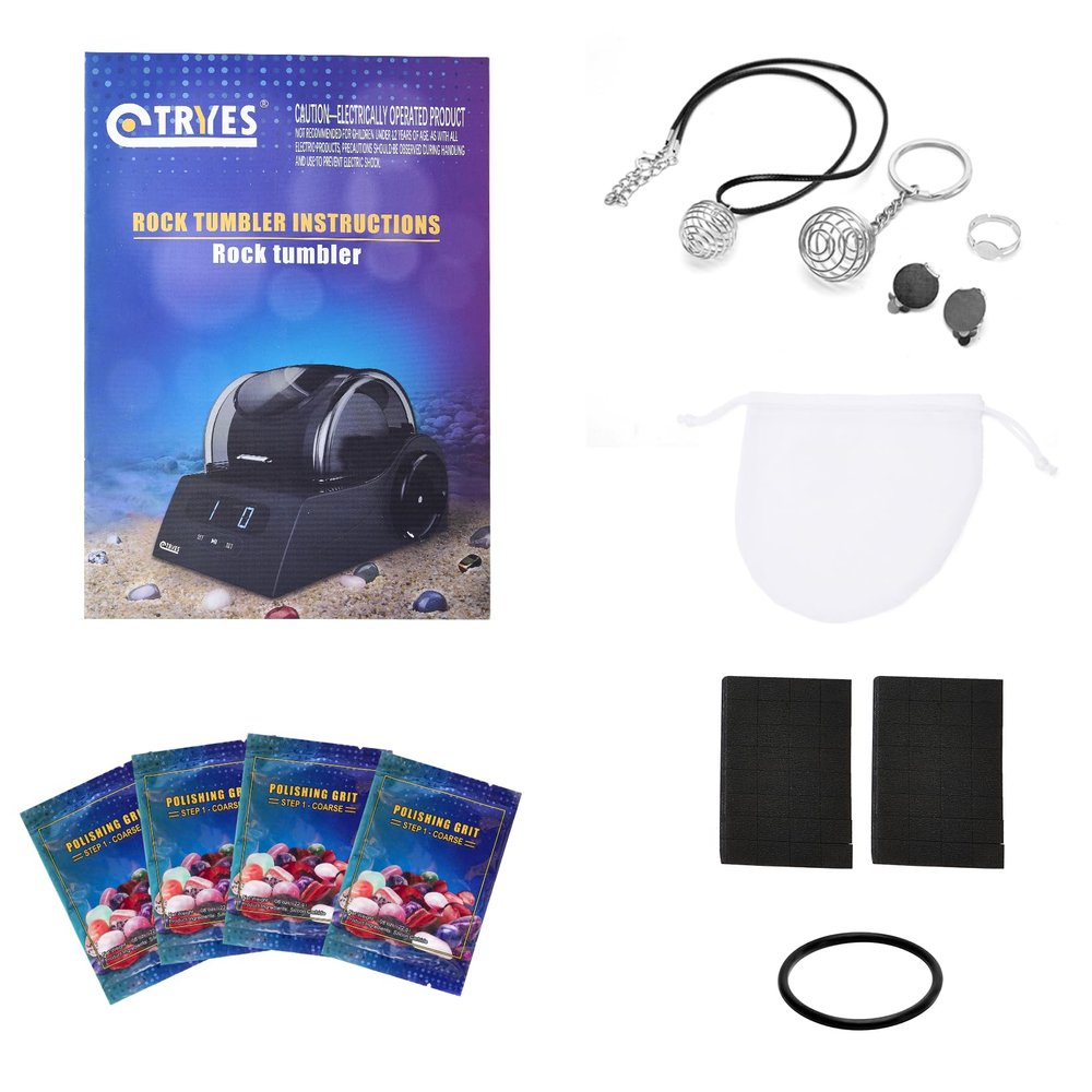 Tryes Rock Tumbler Kit - Adults, All Ages - Rock Polisher with Noise Reduction Cover, Speed & Timer Control, Includes 4 Polishing Grits, Rough Gemstones, Learning Guide