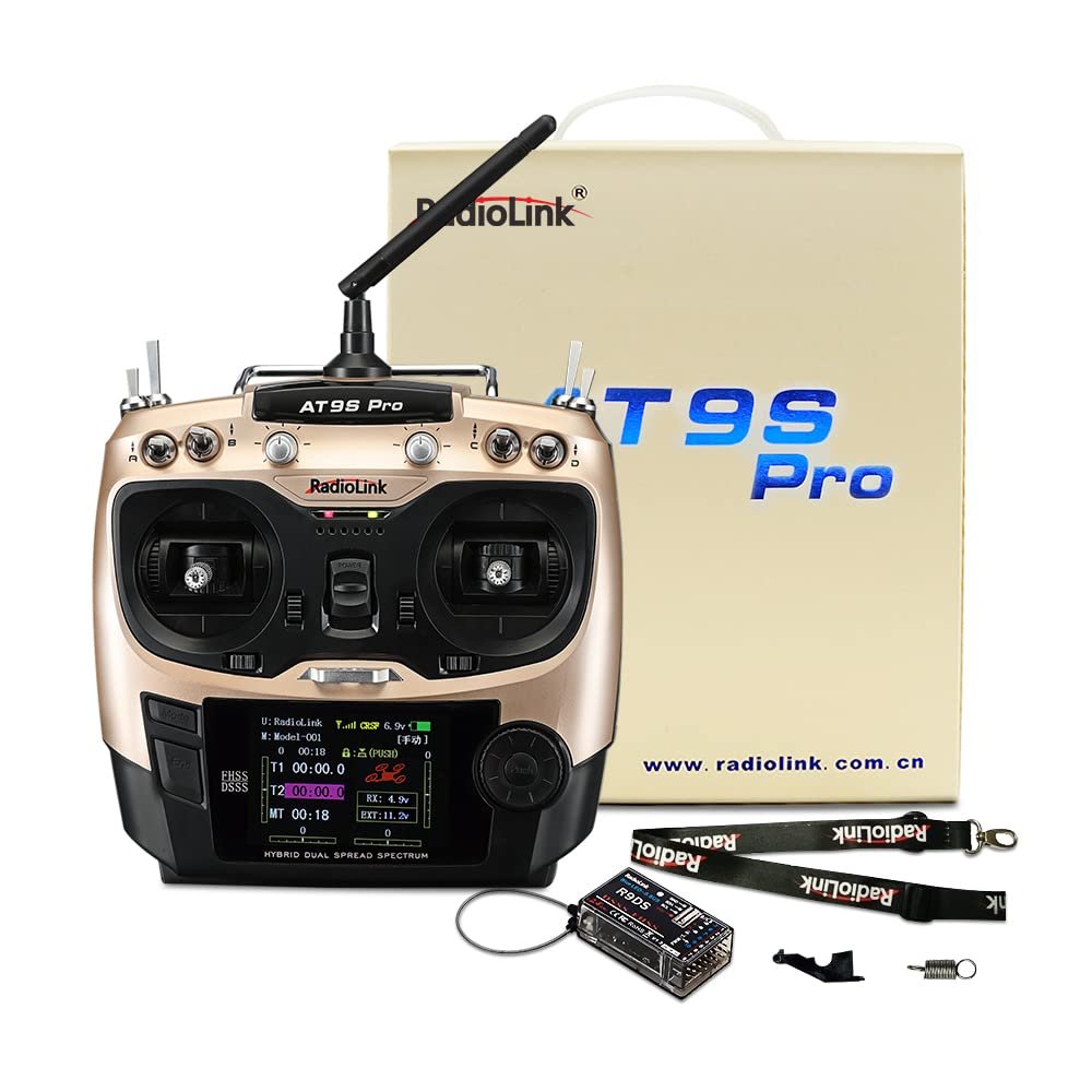 Xiangtat Radiolink AT9S Pro 10/12 Channels Radio Transmitter and Receiver R9DS, Long Range for Airplane/Jet/FPV Racing Drone/Quad/RC Truck Car/Boat and More (AT9S Pro-Gold)