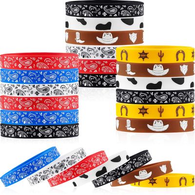 Gejoy 100 Pieces Western Party Bracelets Rubber Bracelets Silicone Stretch Wristbands for Western Themed Parties Birthday Parties