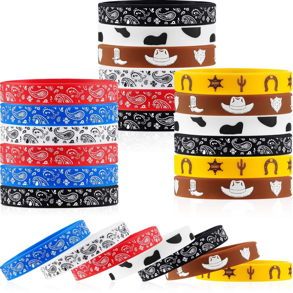 Gejoy 100 Pieces Western Party Bracelets Rubber Bracelets Silicone Stretch Wristbands for Western Themed Parties Birthday Parties