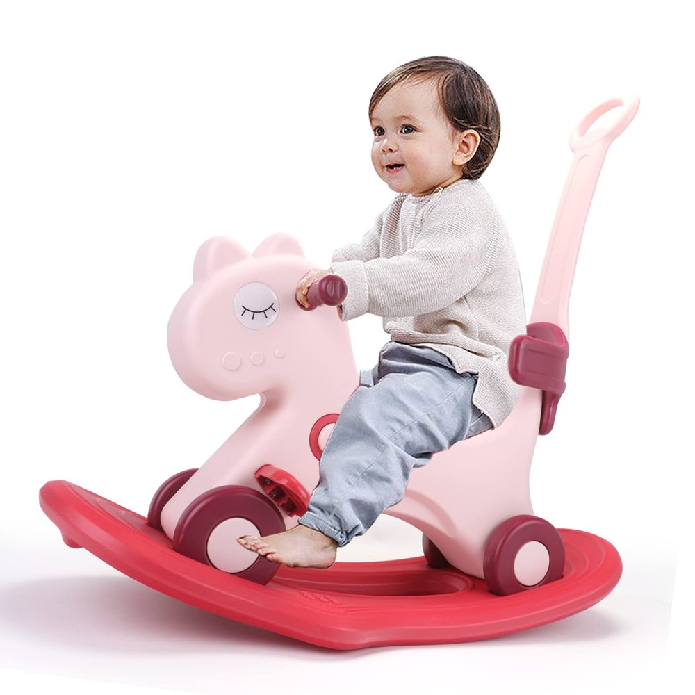 LLparty 4 in 1 Rocking Horse for Toddlers 1-3 Years Old, Baby Rocking Toy Fun Birthday Gift for 1+ Girls, Ride on Toy with Detachable Balance Board and Footrest, Balance Bike with Push Handle, Pink