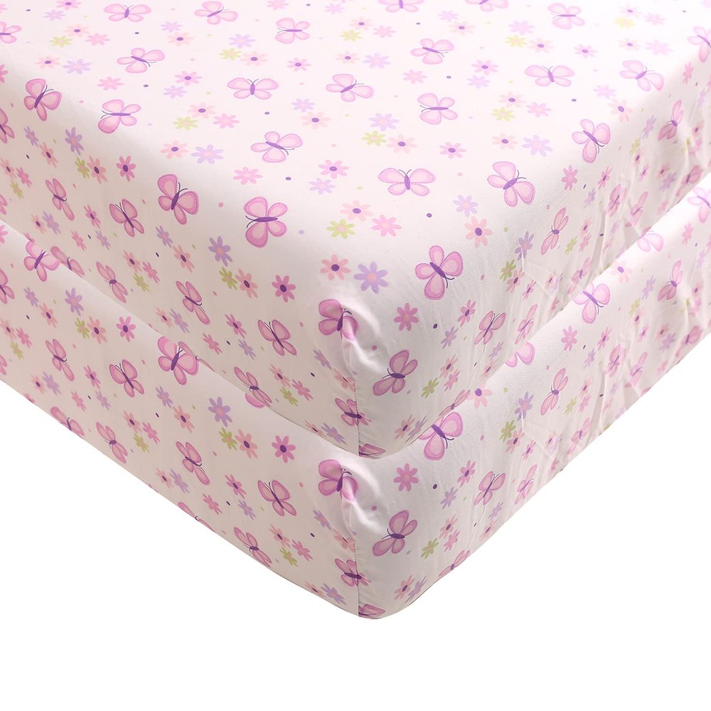 Pink Butterfly Crib Fitted Sheet for Girls 2 Pieces Butterfly Baby Girl Nursery Crib Fitted Sheet 28 x 52 ''