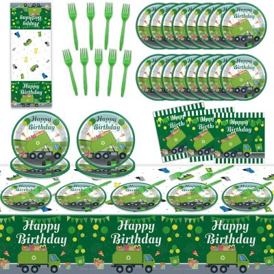 61 Pcs Garbage Truck Birthday Decorations Green Trash Party Tableware Rubbish Recycling Themed Supplies Plates Napkins Tablecloth for Birthday Parties Waste Management Celebrations Serves 20 Guests