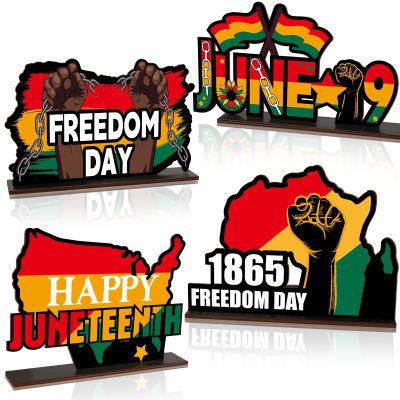 4PCS Juneteenth Wooden Centerpieces Table Decorations June 19th Table Decor Centerpieces Happy Juneteenth Freedom Day Table Topper Sign for Juneteenth Party Home Desktop Wood Craft Center Piece Decor