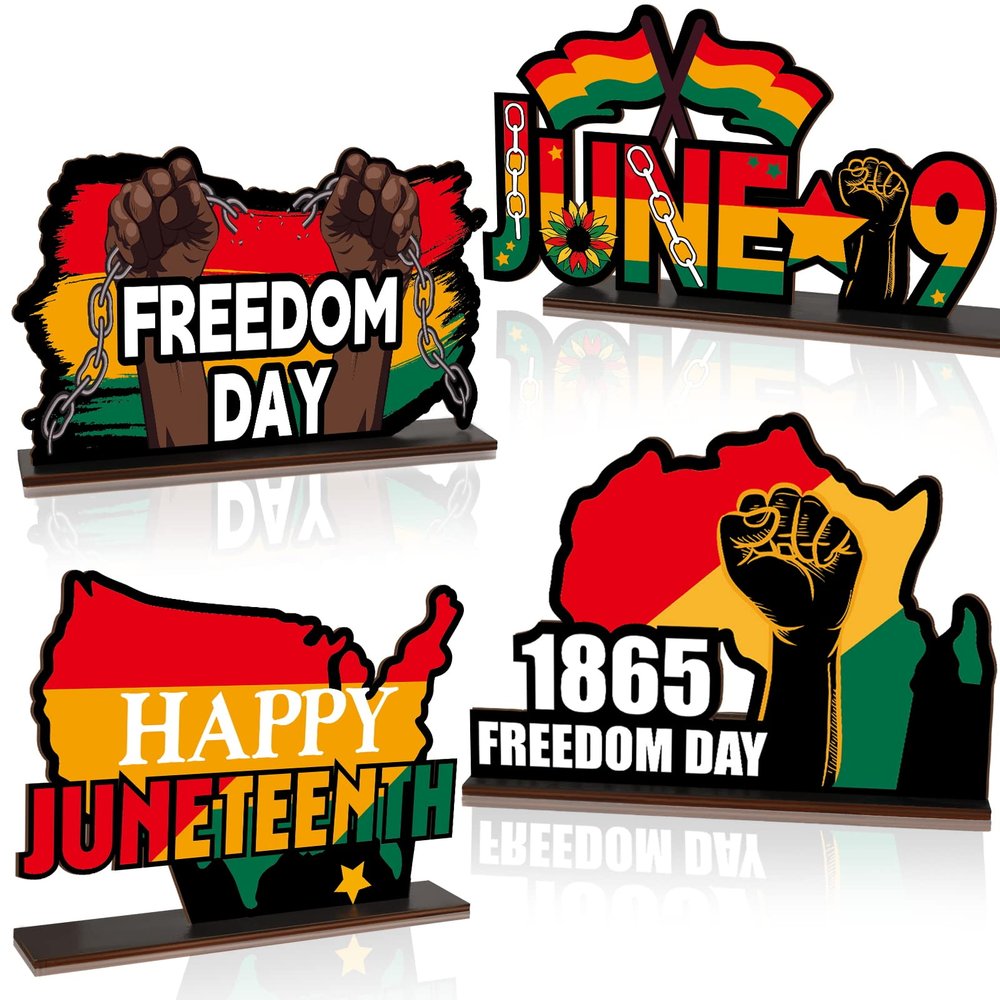 4PCS Juneteenth Wooden Centerpieces Table Decorations June 19th Table Decor Centerpieces Happy Juneteenth Freedom Day Table Topper Sign for Juneteenth Party Home Desktop Wood Craft Center Piece Decor