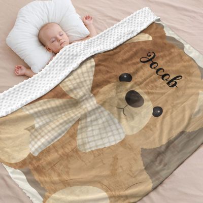 Brown Teddy Bear Personalized Baby Blanket for Boys Girls,Soft Minky Blanket Double Layer Dotted Newborn Naps 50X60 in