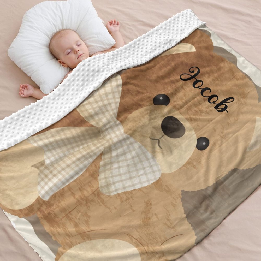 Brown Teddy Bear Personalized Baby Blanket for Boys Girls,Soft Minky Blanket Double Layer Dotted Newborn Naps 50X60 in