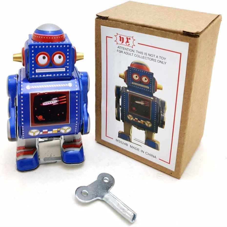 Charmgle Mini Retro Tin Robot Model Machine Wind-Up Walking Toy Adult Collection Home Decoration Blue