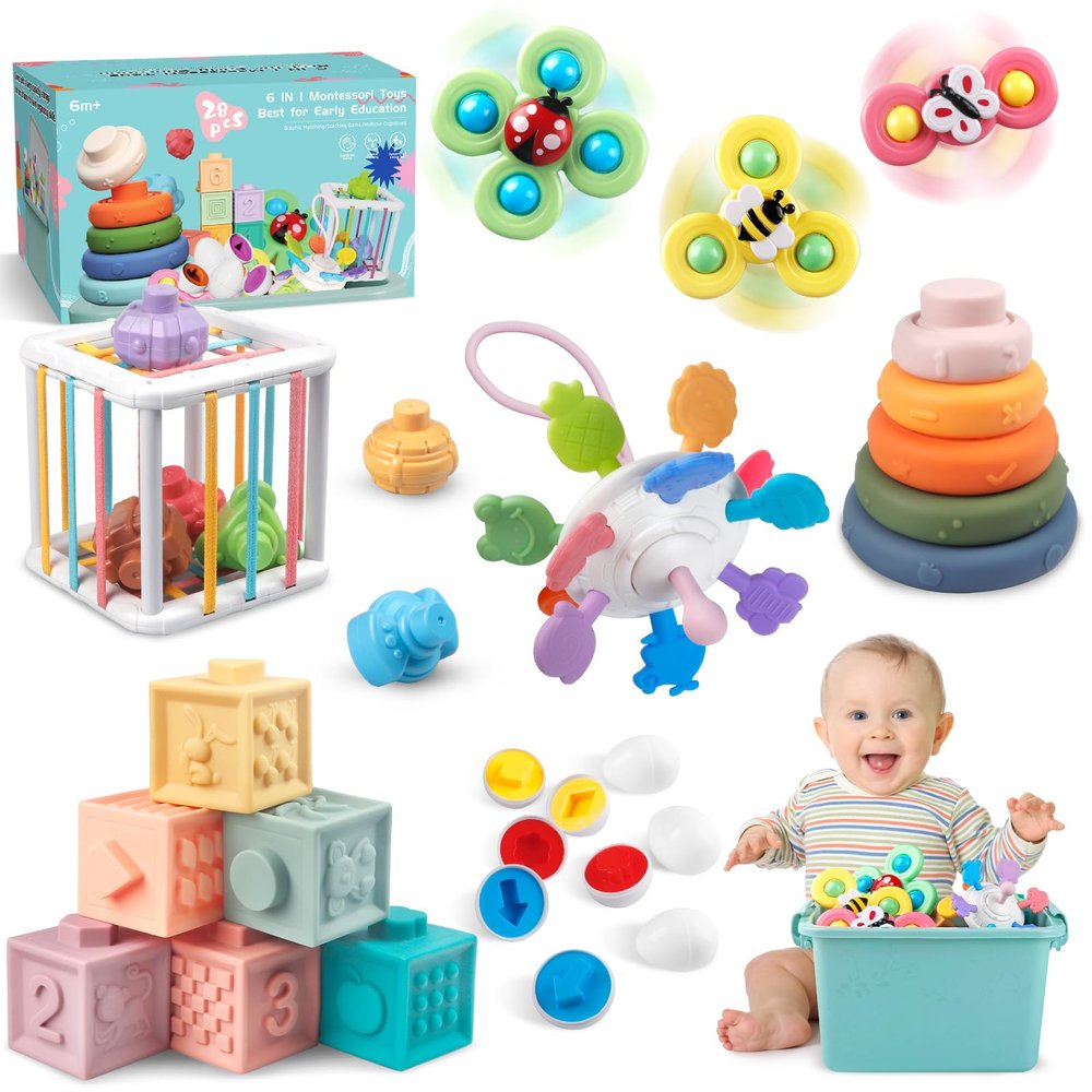 Plunack 6 in 1 Montessori Baby Toy for Toddlers, Infant Teething Babies Stacking Blocks Rings Pull String Toy Suction Cup Spinner Toy Matching Eggs Shape Sorter Sensory Bin