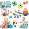 Plunack 6 in 1 Montessori Baby Toy for Toddlers, Infant Teething Babies Stacking Blocks Rings Pull String Toy Suction Cup Spinner Toy Matching Eggs Shape Sorter Sensory Bin view 1