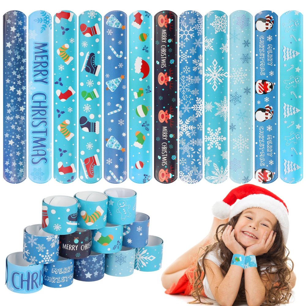 CCINEE 48Pcs Christmas Slap BraceletsXmas Snowflake Slap Wristbands Assorted Christmas Theme Pattern Snap Wristbands for Kids Xmas Frozen Party Favors Gift Bag Filler