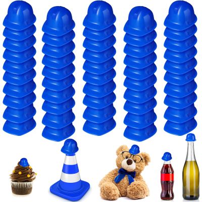 Sratte 50 Pcs Miniature Construction Hat Mini Construction Toy Doll Hats Plastic Miniature Bottle Topper for Party(Blue)