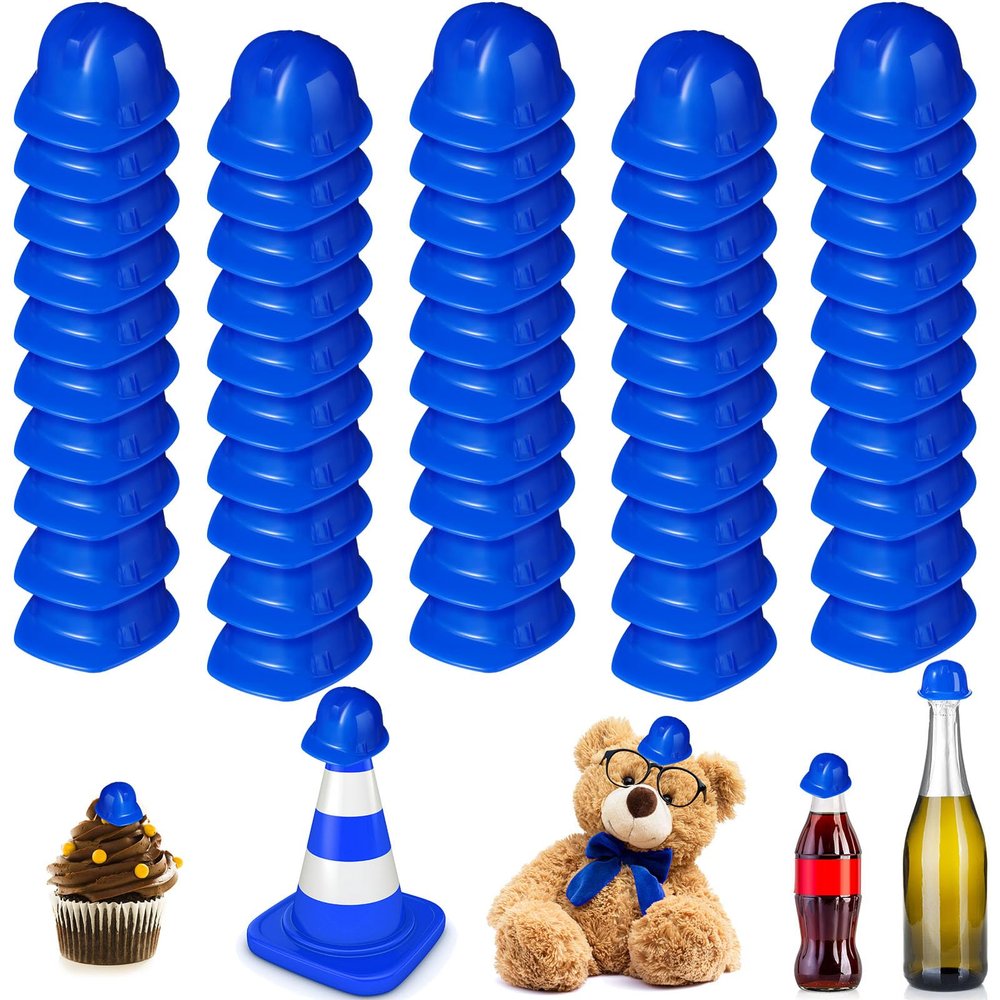 Sratte 50 Pcs Miniature Construction Hat Mini Construction Toy Doll Hats Plastic Miniature Bottle Topper for Party(Blue)